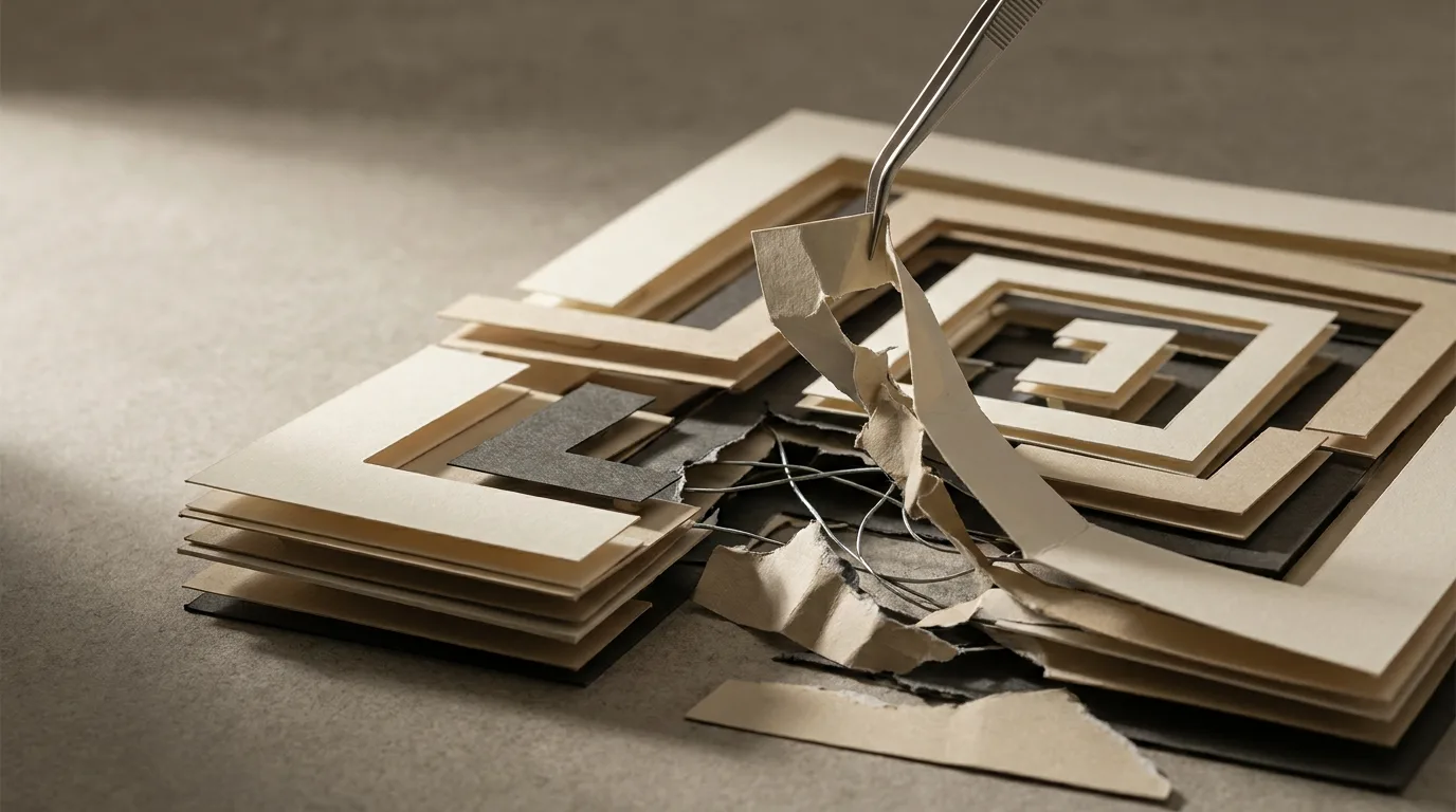 Metal tweezers carefully pull apart an intricate, layered paper craft structure.
