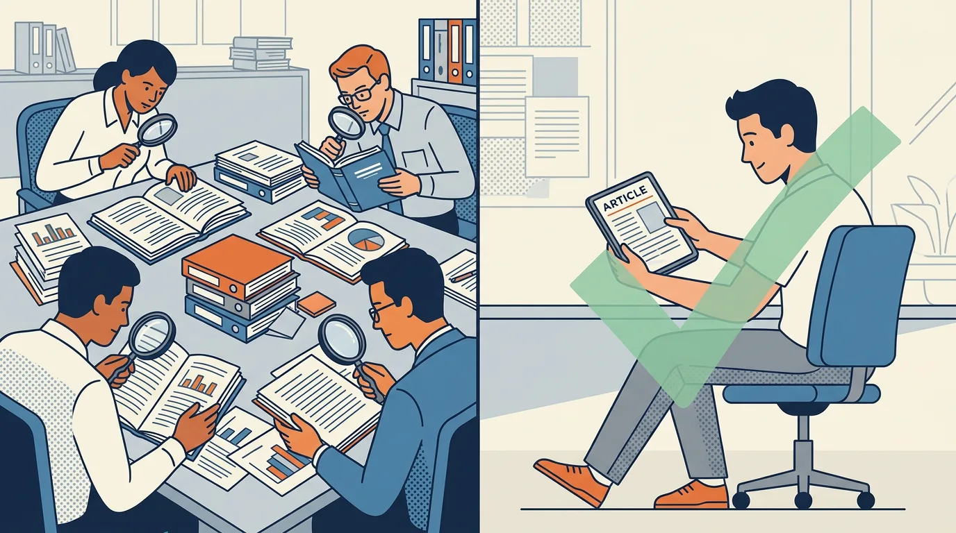 Split graphic contrasting a detailed technical fact-check on the left with a surface editorial review on the right.