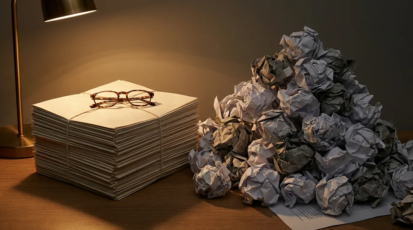 A neat stack of white papers sits beside a messy pile of crumpled paper balls.