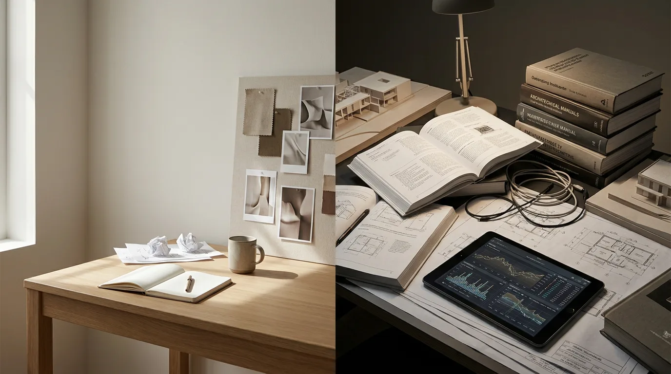 A split screen comparing a creative workspace with art to a technical workspace with data charts.