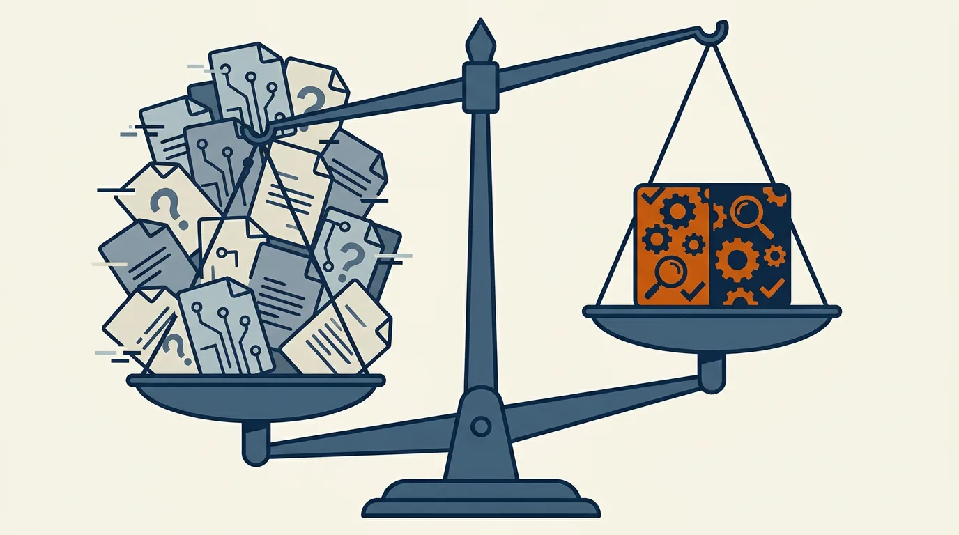 A balance scale tips under the weight of a heavy verification block, outweighing a stack of AI drafts.