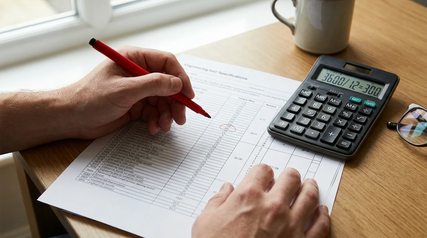 Hands using a red pen to mark torque numbers on a spec sheet next to a calculator.